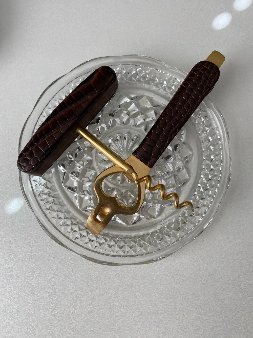 Vintage mid-century brass and faux-crocodile leather bar set.